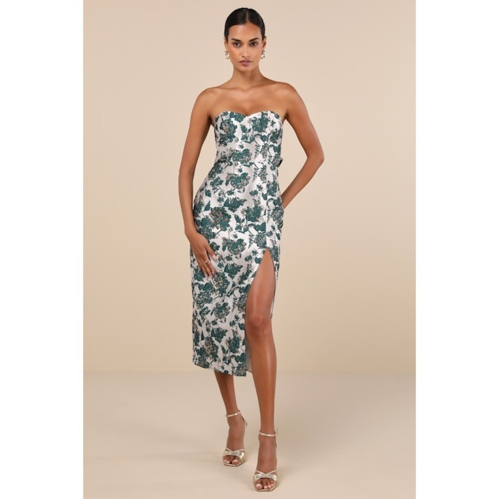 Lulus Beloved Belle Silver And Green Jacquard Strapless Bow Midi Dress Grey